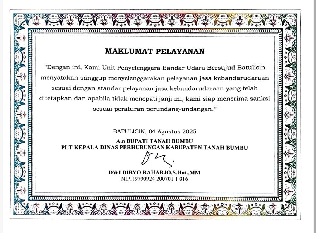 Maklumat Pelayanan UPTD. Bandar Udara Bersujud Batulicin