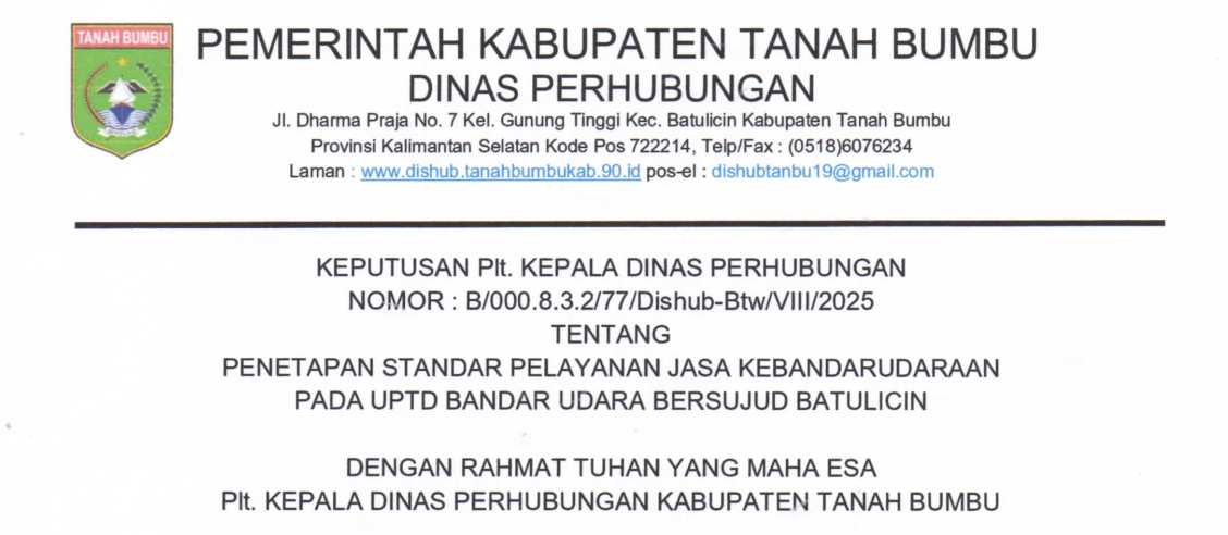 SK Standar Pelayanan UPTD. Bandar Udara Bersujud Batulicin